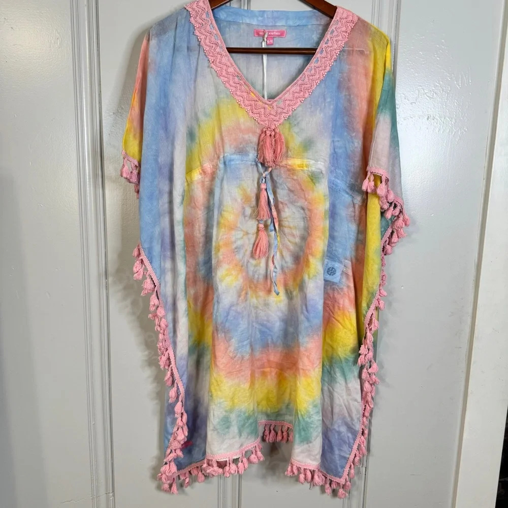 NWT Simply Southern Tie Dye Coverup‎ Tassels Beaded Drawstring Waist Size S / M
